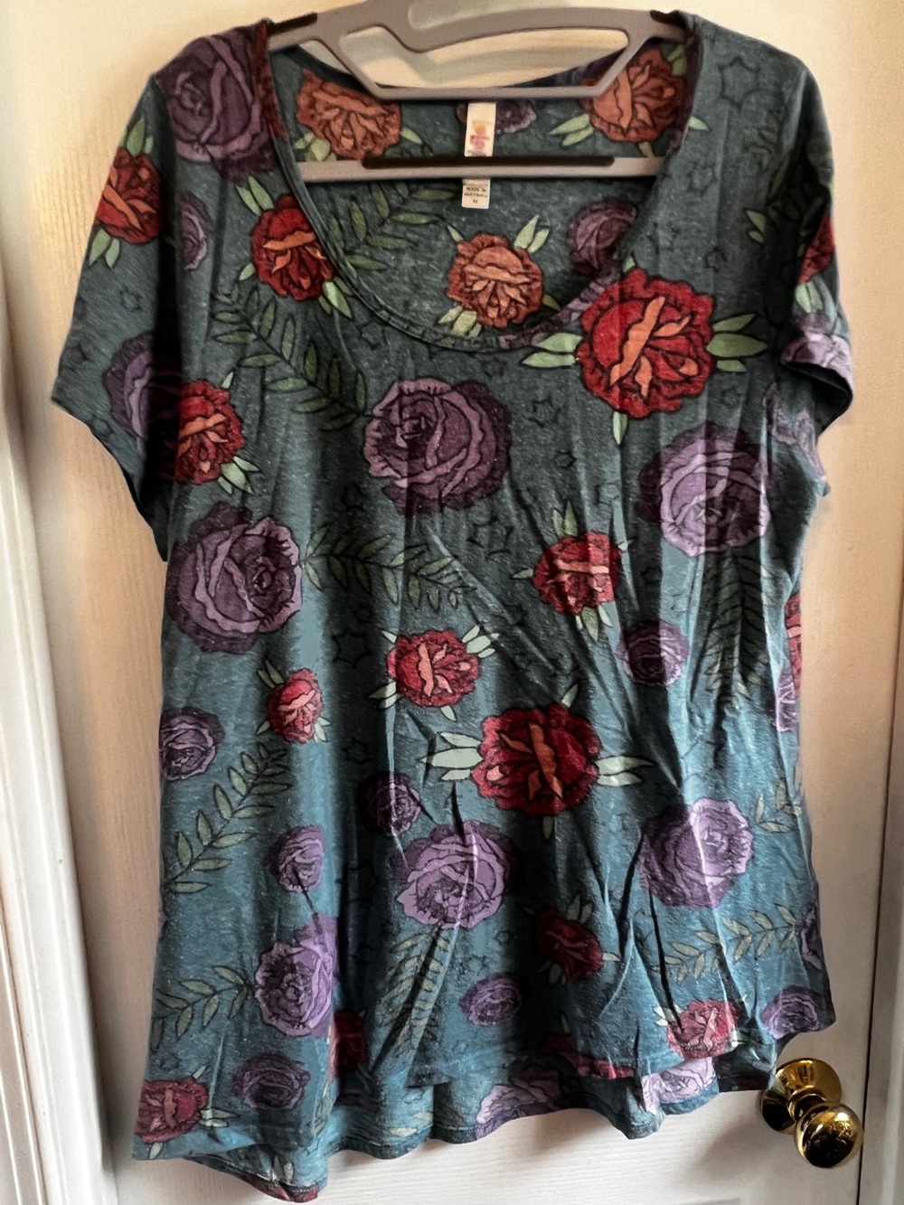 LuLaRoe Teal Scoop Neck Classic Tee with Red & Purple Floral Print